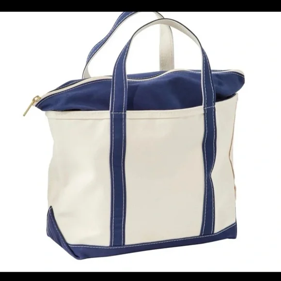 L.L. Bean Boat & Tote Bag USA Canvas Blue Zip Top Embroidered M - Picture 3 of 12